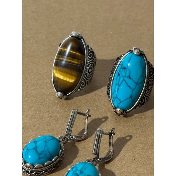 Beonon Tiger Eye Natural Gemstone Sterling Silver Jewelry Ring & Ear Ring Set - Picture 1 of 5